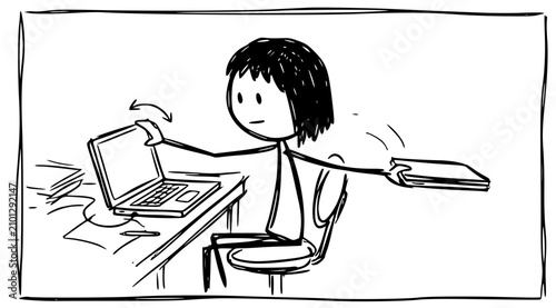 The illustration shows a person managing both a laptop and paperwork, symbolizing the challenge of multitasking in a home office environment while engaged in work.