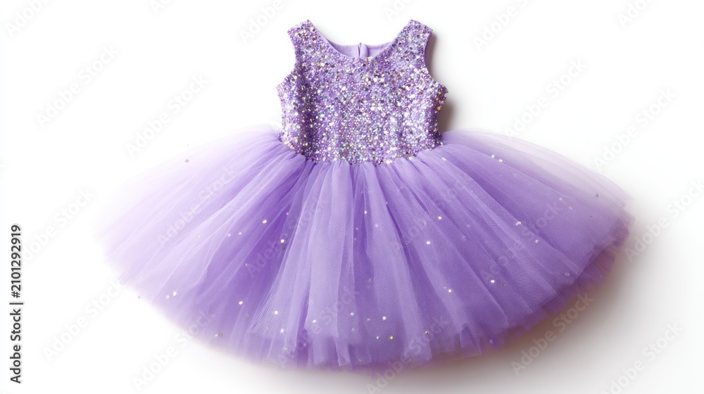 Obraz premium A lavender sleeveless tulle tutu dress for a girl, embellished with iridescent sequins across the bodice and scattered on the skirt. The dress is displayed on a white background