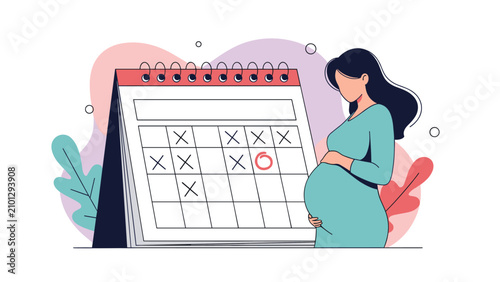 Pregnant woman wearing a teal dress looks at a large wall calendar with many days crossed out as she waits for her baby birth date in vector.