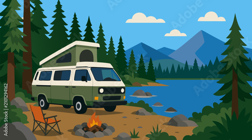 Scenic vector illustration of a retro campervan at a lakeside campsite, with glowing campfire, folding chair, pine forest, blue mountains, calm water, and idyllic outdoor travel adventure mood