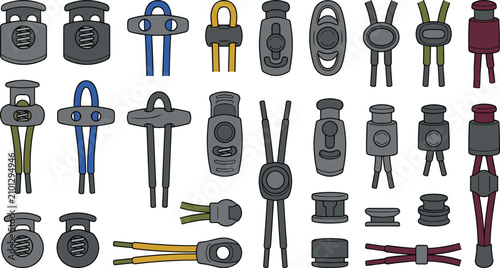 Collection of various plastic cord locks and drawstring toggles for outdoor gear and apparel design