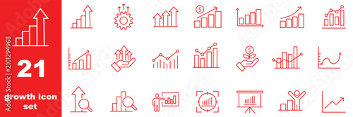 Growth icon set. Containing performance, gain, improvement, grow, chart, increase, evolution and development icons. Solid icon collection. Vector illustration. 