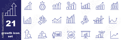 Growth icon set. Containing performance, gain, improvement, grow, chart, increase, evolution and development icons. Solid icon collection. Vector illustration. 