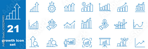 Growth icon set. Containing performance, gain, improvement, grow, chart, increase, evolution and development icons. Solid icon collection. Vector illustration. 