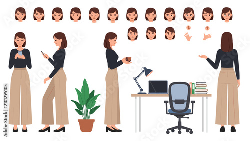 Complete character design set for a female professional showing various full body poses, facial expressions, and office furniture.