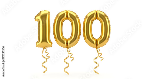 Golden celebration balloons with number 100 floating in air