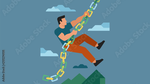 Determined man climbing a colorful linked chain high above mountains in a flat vector illustration, symbolizing ambition, resilience, career growth, teamwork support and the climb toward success