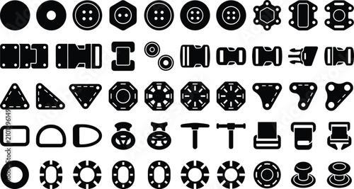 Collection of vector icons featuring various clothing fasteners, buttons, buckles, and apparel hardware components