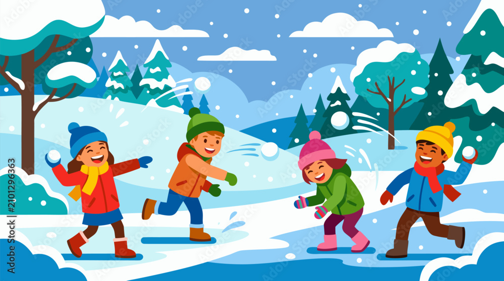 Naklejka premium Joyful children laughing and throwing snowballs in a bright winter park, bundled in colorful hats, scarves and coats, surrounded by snowy trees, hills, clouds and falling flakes in vector style