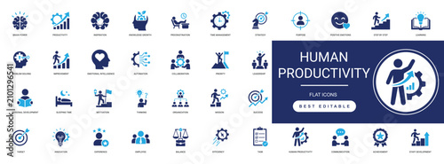 Human productivity solid icon set featuring productivity, time management, workflow, efficiency, focus, and performance. Editable vector illustration.