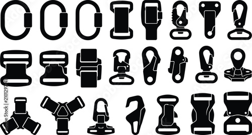 Collection of vector icons featuring various metal carabiners, buckles, hooks, and hardware for industrial use