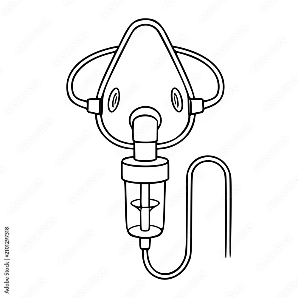 Obraz premium Nebulizer Breathing Mask with Oxygen Tube Line Art Vector Icon. Minimalist Outline Illustration of Respiratory Medical Equipment for Asthma Treatment and Breathing Therapy Healthcare Design.