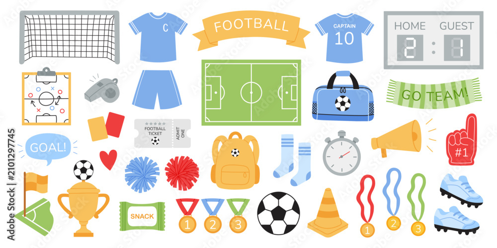 Fototapeta premium Football sport set. Collection with ball, goal, field, jersey, trophy, medal, whistle, scoreboard, backpack, cone, socks, shoes, fan accessories. Perfect for infographic, app, education, poster
