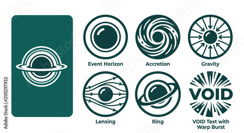 Black Hole Icon Set Minimal Monochrome Dark Teal Vector Graphics featuring Event Horizon Accretion Gravity Lensing Ring and VOID Text Warp Burst Flat Design Clipart.