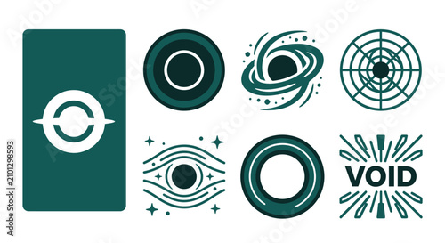 Minimal monochrome dark teal black hole icon set featuring event horizon, accretion disk, gravity lensing, and void text in flat vector SVG style on a clean white background.