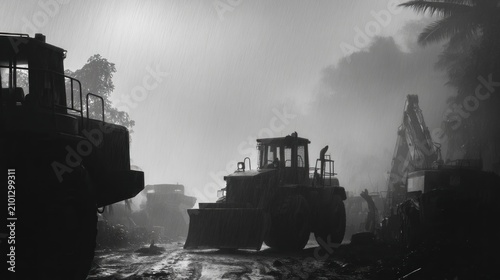 Heavy equipment in a dark, overcast, industrial environment amidst trees, silhouetted