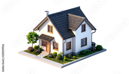 White two-story house with a gray roof, landscaped yard