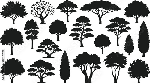 Bild auf Leinwand Set of diverse black silhouette vector icons featuring various types of deciduou