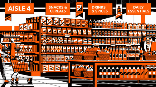 Foto Grocery Store Aisle with Shelves Full of Products and Shoppers with Shopping Car