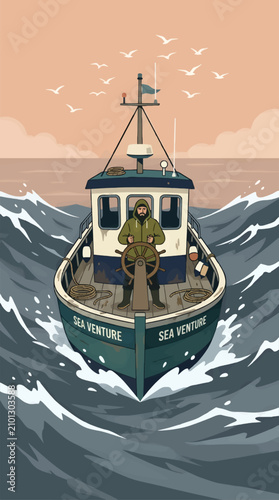 Quadro su tela Lone Fisherman Steering a Weathered Fishing Boat Through Rough Ocean Waves, Man