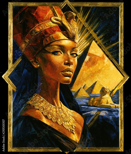 Ancient Egyptian Queen Portrait with Golden Headdress and Pyramids