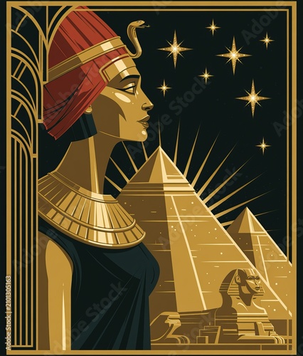 Ancient Egyptian Queen Portrait with Golden Headdress and Pyramids