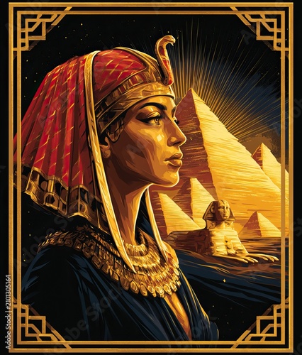 Ancient Egyptian Queen Portrait with Golden Headdress and Pyramids