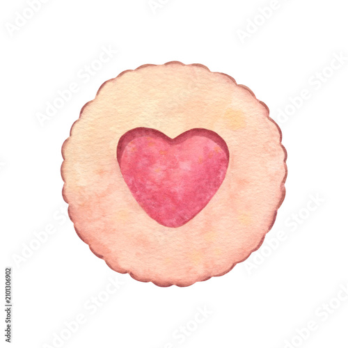 Buttery cookie with heart-shaped jam filling. Hand-painted watercolor illustration isolated on white for bakery branding, print on textile, greeting card, Valentine day design, menu, sticker, cookbook