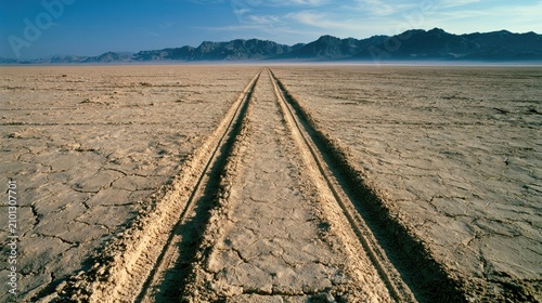 Tire tracks stretch across a vast, cracked, arid desert landscape towards distant mountains