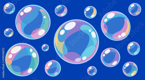 Clean flat vector illustration of glossy colorful soap bubbles floating on a bright blue light background, ideal for playful hygiene, bath, summer, or children’s branding.