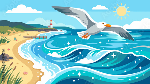 Clean flat vector illustration of a seagull flying over sparkling ocean waves, sandy beach and lighthouse on a light background, ideal for coastal travel promotions.
