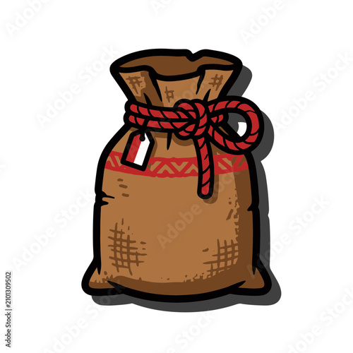 Hand-drawn cartoon vector illustration of a brown burlap sack tied with a red rope and an Indonesian flag tag, representing the traditional sack race game, isolated on a white background.