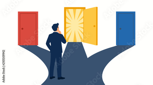 Businessman standing at a crossroads junction facing three doors, contemplating a decision while the central yellow door opens to a glowing opportunity, symbolizing career choices and strategic