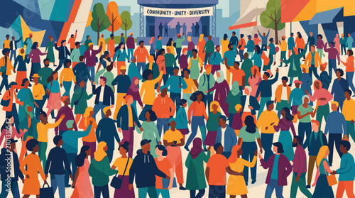 Crowd of human silhouettes illustration showing diverse community public audience citizens standing together for social network event background concept for presentation banner layout