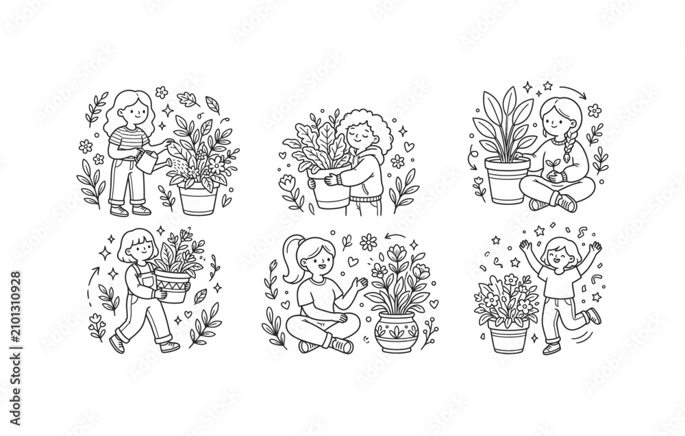 Fototapeta premium People watering and caring for potted plants vector illustration set