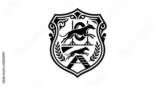 Foto Detailed shield crest with greyhounds and agility equipment.