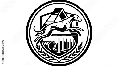 Cuadro en lienzo Detailed dog agility seal with jumping greyhound and tunnel.
