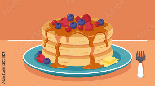 Delicious Stack of Fluffy Pancakes Topped with Fresh Blueberries, Raspberries and Strawberries, Dripping with Golden Maple Syrup and Melted Butter on Blue Plate, Tasty Breakfast Food Illustration