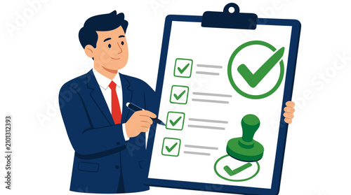 Professional Businessman in Blue Suit and Red Tie Holding Clipboard with Giant Green Checkmarks, Marking Completed Checklist Items with Pen, Corporate Success Task Completion and Quality Assurance
