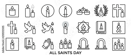 Fotografie All Saints Day Icons: Candles, Cross, Dove, Prayers, Bible, Laurel, Arch