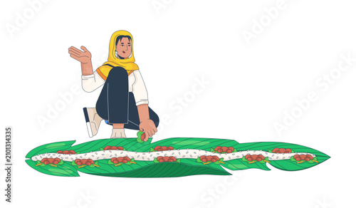 Tudung woman eating traditional kembulan leaf served rice 2D cartoon character. Communal Indonesian dining. Southeast asian female taking food flat vector person isolated. Colorful spot illustration