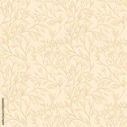 Elegant seamless botanical pattern with delicate flowering branches and leaves in fine beige line art. Ideal for wallpaper, textiles, packaging, stationery, fabric, and home decor