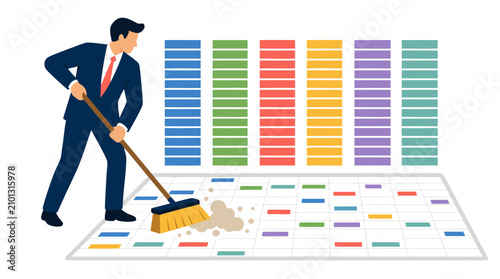 Businessman sweeping dust off giant spreadsheet with broom, organizing messy data into neat columns, data cleaning concept, corporate analytics, business intelligence, professional data management
