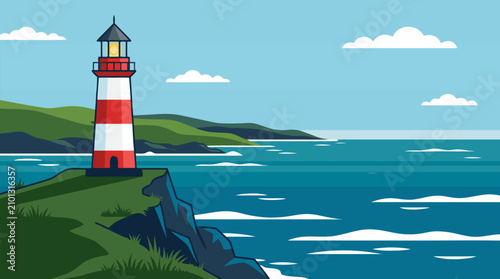 Vibrant Flat Vector Illustration of a Classic Red and White Striped Lighthouse Perched on a Lush Grassy Coastal Cliff Overlooking a Wavy Deep Blue Ocean, Ideal for Travel, Nautical and Coastal Themed