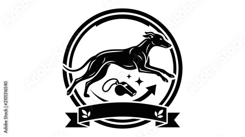 Cuadro en lienzo Greyhound racing badge with whistle and ribbon banner.