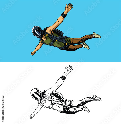 Foto Retro detailed hand drawn graphic of a skydiver in a green suit freefalling diag