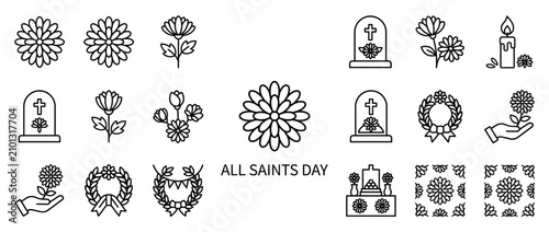 Billede på lærred All Saints Day Icons: Gravestones, Flowers, Wreaths, Candle, Hand with Flower