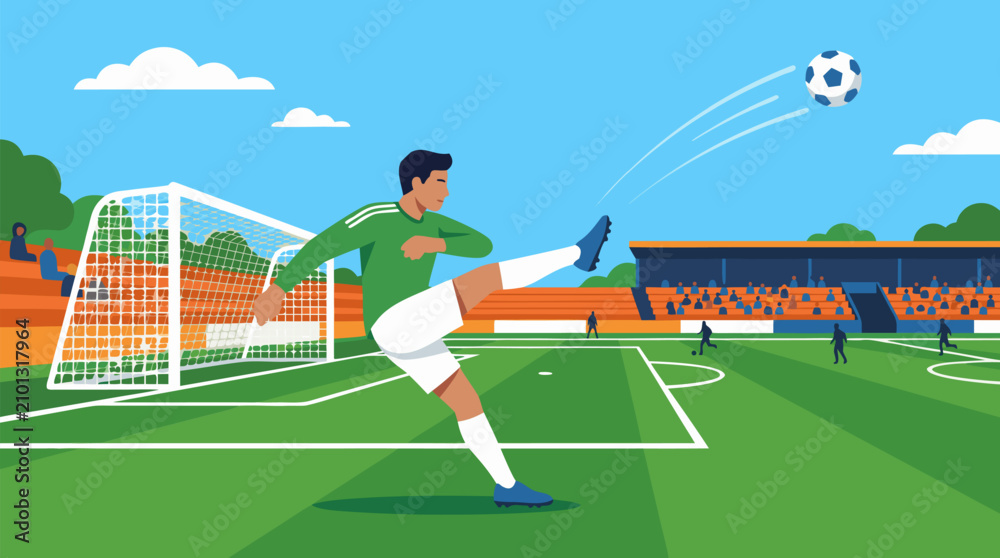 Fototapeta premium Soccer Goalkeeper Punting Ball Far Downfield Under Bright Sunlight, Action Vector Illustration of Football Match, Athletic Player Kicking Ball on Green Pitch with Stadium Background