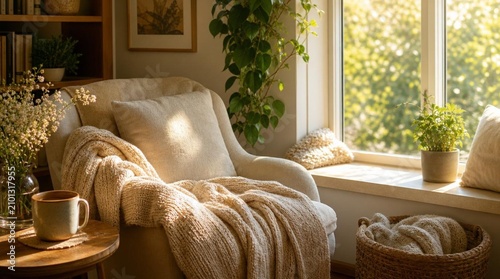 A sunlit reading nook with an upholstered armchair, knitted blankets, houseplants, flowers, and a coffee mug offers a cozy setting for home decor and lifestyle promotions.