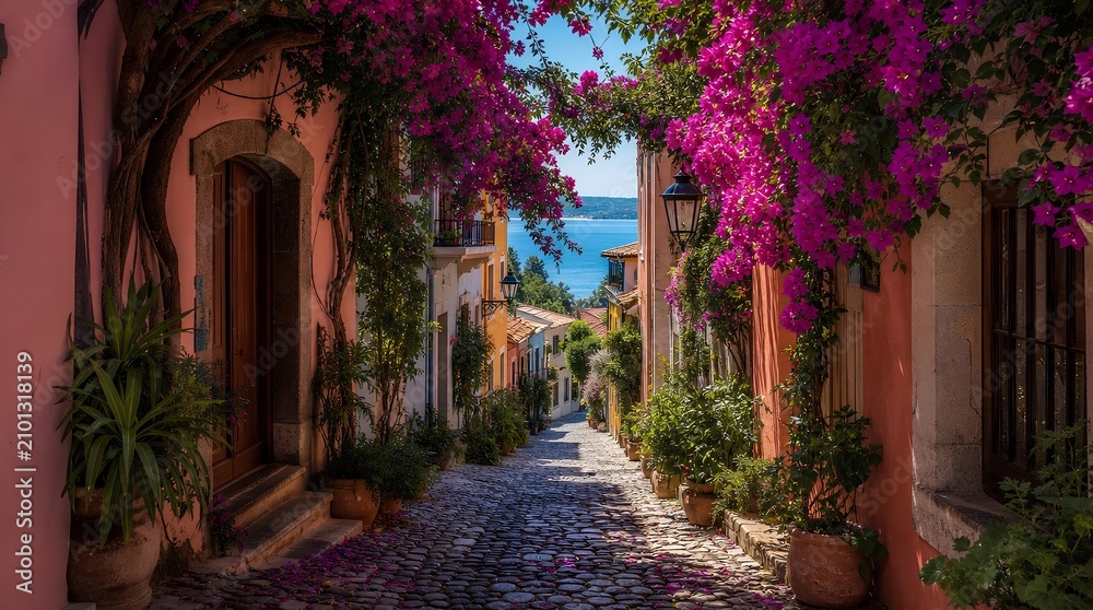 Obraz premium A sunlit cobblestone alley lined with potted plants and vivid bougainvillea leads between pastel seaside houses, ideal for coastal travel promotions.